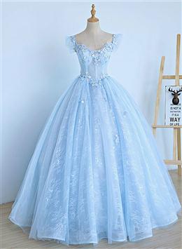 Picture of Lovely Light Blue Lace Cap Sleeve Sweet 16 Prom Dresses, Evening Dresses